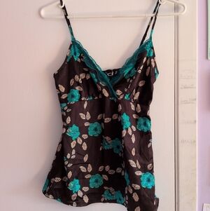 Dynamite Y2K Lace Floral Cami Tank Top XS Brown Blue Vintage Retro